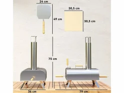 Barbacoa|Horno de pizza para exterior en acero inoxidable, leña, con piedra de hornear, puerta, plegable, 79x36x75 cm
