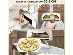 Barbacoa|Horno de pizza para exterior en acero inoxidable, leña, con piedra de hornear, puerta, plegable, 79x36x75 cm