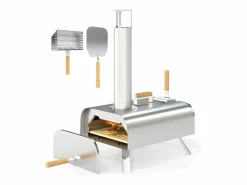 Barbacoa|Horno de pizza para exterior en acero inoxidable, leña, con piedra de hornear, puerta, plegable, 79x36x75 cm