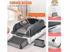 Higiene Y Cuidado De Mascotas|Inodoro para Gatos SucceBuy, Caja de Arena de Acero Inoxidable de 15.24 cm de Profundidad con Filtro y Escalón