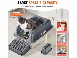 Higiene Y Cuidado De Mascotas|Inodoro para Gatos SucceBuy, Caja de Arena de Acero Inoxidable de 15.24 cm de Profundidad con Filtro y Escalón