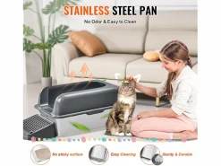 Higiene Y Cuidado De Mascotas|Inodoro para Gatos SucceBuy, Caja de Arena de Acero Inoxidable de 15.24 cm de Profundidad con Filtro y Escalón