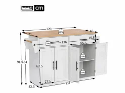 Isla central - 120 x 46 (70) x 91 cm - Tablero plegable + Ruedas y patas intercambiables - MDF -^Merax Online