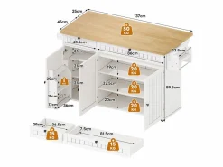 Merax Isla central con encimera abatible - 137 x 45/70 x 89,5 cm - con 2 cajones + 3 puertas - MDF - Blanco Online