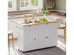 Merax Isla central con encimera abatible - 137 x 45/70 x 89,5 cm - con 2 cajones + 3 puertas - MDF - Blanco Online