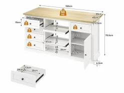 Merax Isla central con panel abatible extensible - 150 x 65 x 75 cm - con 5 cajones + 1 puerta - MDF - Blanco Best