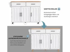 Merax Isla Cocina|Isla central con ruedas - 129 x 46/71 x 91,5 cm - tapa abatible - con 3 puertas + 2 cajones - MDF -