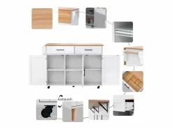 Merax Isla Cocina|Isla central con ruedas - 129 x 46/71 x 91,5 cm - tapa abatible - con 3 puertas + 2 cajones - MDF -