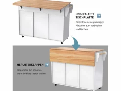 Merax Isla Cocina|Isla central con ruedas - 129 x 46/71 x 91,5 cm - tapa abatible - con 3 puertas + 2 cajones - MDF -