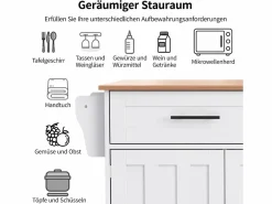 Merax Isla Cocina|Isla central con ruedas - 129 x 46/71 x 91,5 cm - tapa abatible - con 3 puertas + 2 cajones - MDF -