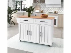 Merax Isla Cocina|Isla central con ruedas - 129 x 46/71 x 91,5 cm - tapa abatible - con 3 puertas + 2 cajones - MDF -