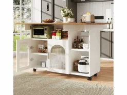 Isla central de cocina - carrito con ruedas y plancha extensible - 2 puertas y 3 compartimentos abiertos -^ModernLuxe Outlet