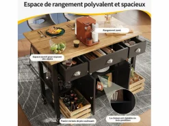 Isla central de cocina - carrito con ruedas y plancha extensible - 3 cajones y 2 puertas -^ModernLuxe Online