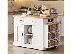 ModernLuxe Isla central de cocina - mesa de comedor extensible - con toma de corriente - con ruedas y espacio de almacenamiento - Natural + Blanco Clearance
