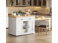 ModernLuxe Isla central de cocina - mesa de comedor extensible - con toma de corriente - con ruedas y espacio de almacenamiento - Natural + Blanco Clearance