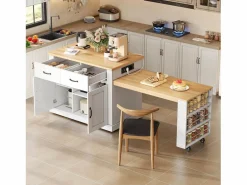 ModernLuxe Isla central de cocina - mesa de comedor extensible - con toma de corriente - con ruedas y espacio de almacenamiento - Natural + Blanco Clearance
