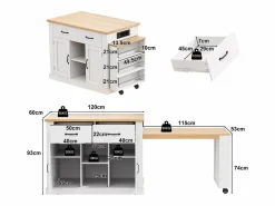 ModernLuxe Isla central de cocina - mesa de comedor extensible - con toma de corriente - con ruedas y espacio de almacenamiento - Natural + Blanco Clearance