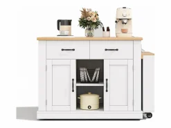 ModernLuxe Isla central de cocina - mesa de comedor extensible - con toma de corriente - con ruedas y espacio de almacenamiento - Natural + Blanco Clearance