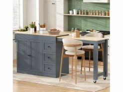Isla central de cocina - mesa de comedor extensible - con 1 puerto USB y 1 puerto Type-C - con estante de especias y ruedas - Natural +^ModernLuxe Best