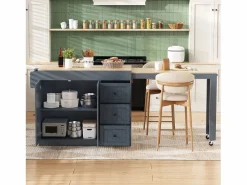 Isla central de cocina - mesa de comedor extensible - con 1 puerto USB y 1 puerto Type-C - con estante de especias y ruedas - Natural +^ModernLuxe Best