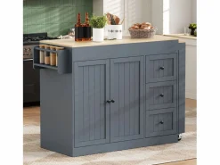 Isla central de cocina - mesa de comedor extensible - con 1 puerto USB y 1 puerto Type-C - con estante de especias y ruedas - Natural +^ModernLuxe Best