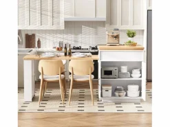 Isla central de cocina - mesa de comedor extensible - con iluminación LED - con toma de corriente - con ruedas y espacio de almacenamiento - Natural +^ModernLuxe Online