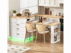 Isla central de cocina - mesa de comedor extensible - con iluminación LED - con toma de corriente - con ruedas y espacio de almacenamiento - Natural +^ModernLuxe Online
