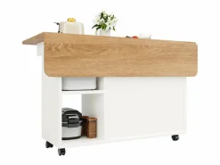 DripeX Isla Central de cocina 2 puertas y 3 estantes, con ruedas giratorias, mesa plegable, 120x30/70x79.5 cm, Blanco Best