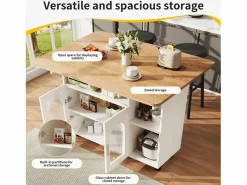 DripeX Isla Central de cocina 2 puertas y 3 estantes, con ruedas giratorias, mesa plegable, 120x30/70x79.5 cm, Blanco Best