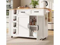 DripeX Isla Cocina|Isla central de cocina con estante para vino 2 cajones y 2 puertas - 2 enchufes - +natural - 131.5x43/76x90.7cm