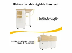 DripeX Isla Cocina|Isla central de cocina con estante para vino 2 cajones y 2 puertas - 2 enchufes - +natural - 131.5x43/76x90.7cm