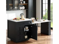ModernLuxe Isla Cocina|Isla central de cocina con 2 puertas y 2 cajones - Tablero extensible - Encimeras de mármol artificial - 133(202)x59x93,5 cm - Para 2 a 6 personas - + Blanco