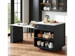 ModernLuxe Isla Cocina|Isla central de cocina con 2 puertas y 2 cajones - Tablero extensible - Encimeras de mármol artificial - 133(202)x59x93,5 cm - Para 2 a 6 personas - + Blanco