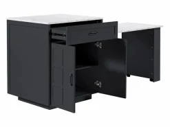 ModernLuxe Isla Cocina|Isla central de cocina con 2 puertas y 2 cajones - Tablero extensible - Encimeras de mármol artificial - 133(202)x59x93,5 cm - Para 2 a 6 personas - + Blanco