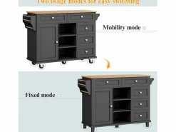 ModernLuxe Isla central de cocina móvil - 5 cajones y 5 compartimentos - MDF - Negro New