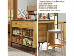 Isla central estilo campestre con estructura de metal - 120 x 75 x 90 cm - con 2 cajones + 4 estantes - MDF - natural^Merax Online