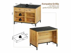 Isla central estilo campestre con estructura de metal - 120 x 75 x 90 cm - con 2 cajones + 4 estantes - MDF - natural^Merax Online