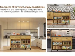 Isla central estilo campestre con estructura de metal - 120 x 75 x 90 cm - con 2 cajones + 4 estantes - MDF - natural^Merax Online