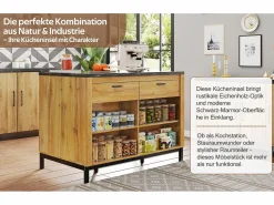 Isla central estilo campestre con estructura de metal - 120 x 75 x 90 cm - con 2 cajones + 4 estantes - MDF - natural^Merax Online