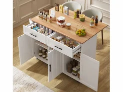 OKWISH Isla Cocina|Isla central móvil con mesa plegable, 3 puertas y 2 cajones de almacenamiento -