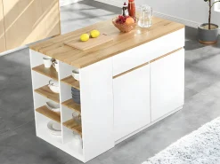 Vente-unique Isla de cocina atemporal - MDF - 130 cm de largo - Blanco y Natural - MEILI Color natural claro / Blanco