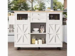 Isla Cocina|Isla de cocina blanca - Carrito de cocina con 2 cajones y 4 puertas - Especiero y toallero