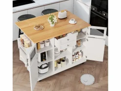 Isla Cocina|Isla de cocina blanca - Carrito de cocina con 2 cajones y 4 puertas - Especiero y toallero