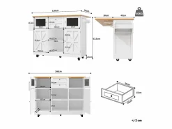 Isla Cocina|Isla de cocina blanca - Carrito de cocina con 2 cajones y 4 puertas - Especiero y toallero