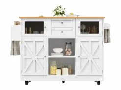 Isla Cocina|Isla de cocina blanca - Carrito de cocina con 2 cajones y 4 puertas - Especiero y toallero