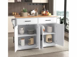 Isla Cocina|Isla de cocina blanca - Isla de cocina con ruedas y patas de madera - Encimera abatible - 2 cajones 4 puertas