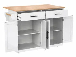 Isla Cocina|Isla de cocina blanca - Isla de cocina con ruedas y patas de madera - Encimera abatible - 2 cajones 4 puertas