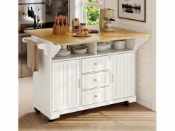 OKWISH Isla Cocina|Isla de cocina blanca con tablero plegable, 3 cajones y 2 puertas - 5 ruedas