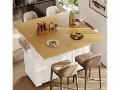 OKWISH Isla Cocina|Isla de cocina blanca con tablero plegable, 3 cajones y 2 puertas - 5 ruedas