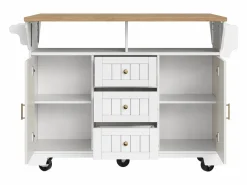 OKWISH Isla Cocina|Isla de cocina blanca con tablero plegable, 3 cajones y 2 puertas - 5 ruedas